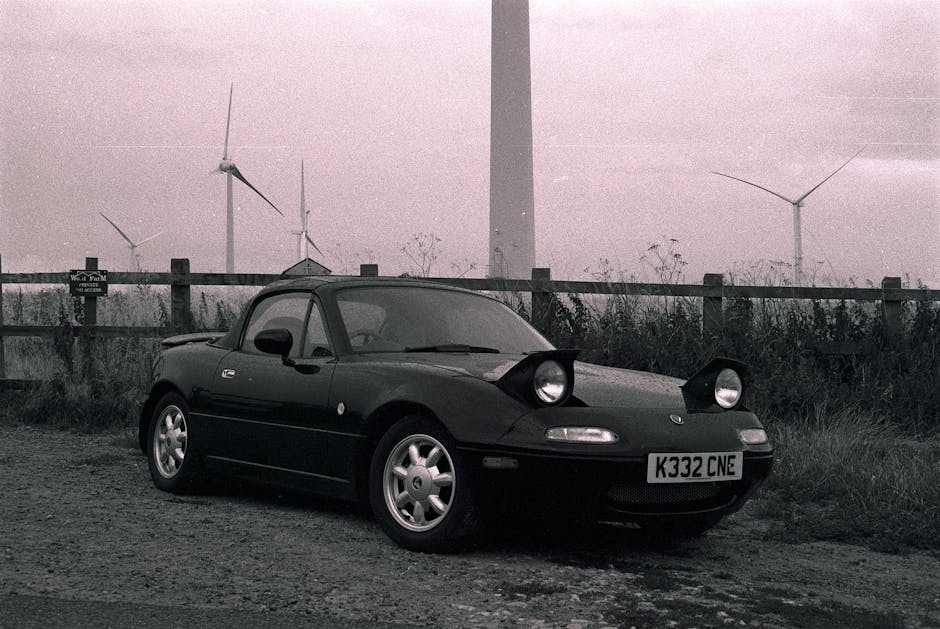 Classic car with wind turbines background